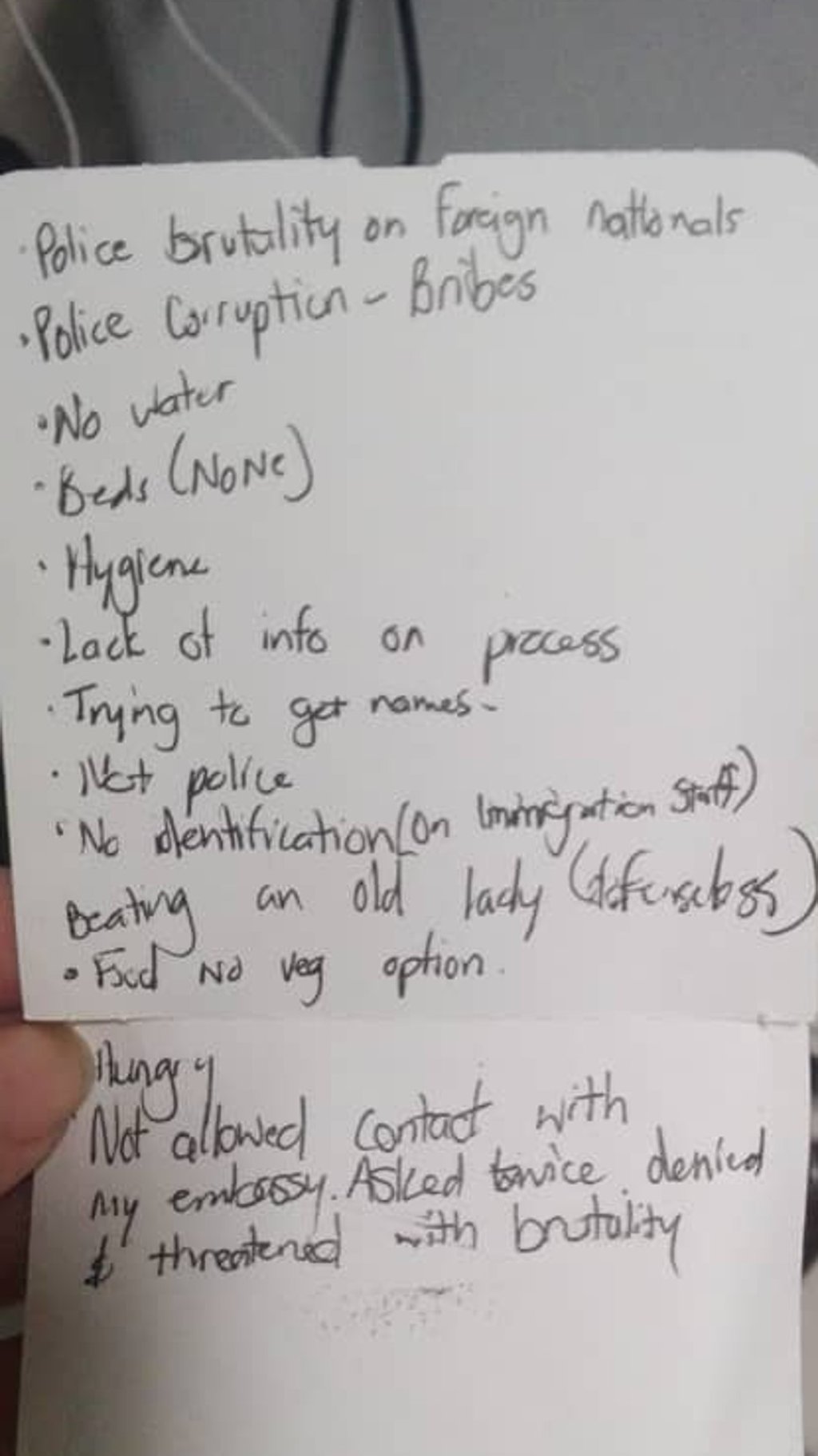 A note written by detainee ‘Walter’ listing his experiences and observations at Kuala Lumpur International Airport detention centre.