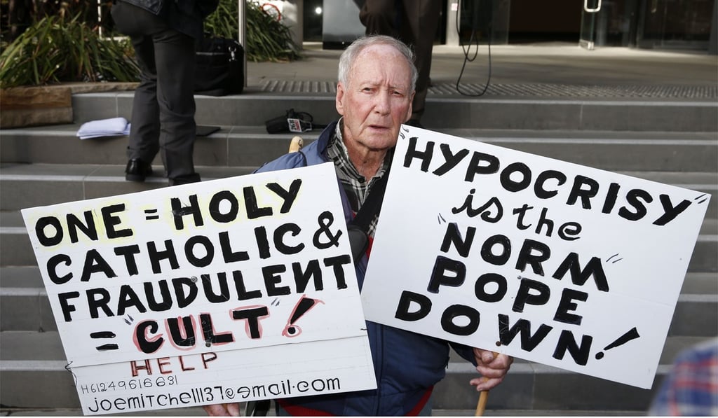 Protester Joe Mitchell outside Newcastle Local Court after the sentencing of Wilson on July 3, 2018. Photo: EPA