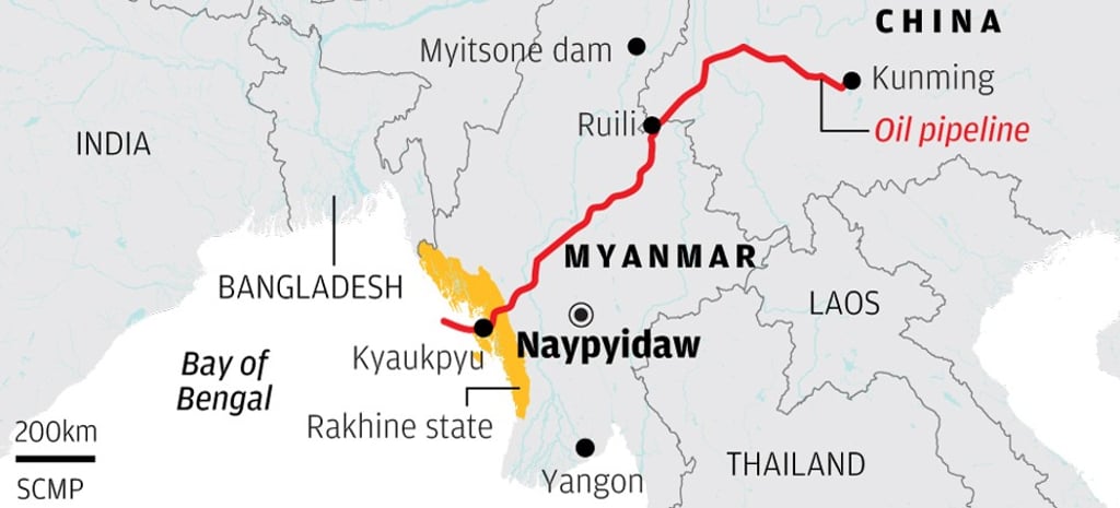 The oil and natural gas pipelines stretching through Myanmar to the Bay of Bengal assist in Myanmar’s development and help supply Chinese energy needs. Graphic: SCMP