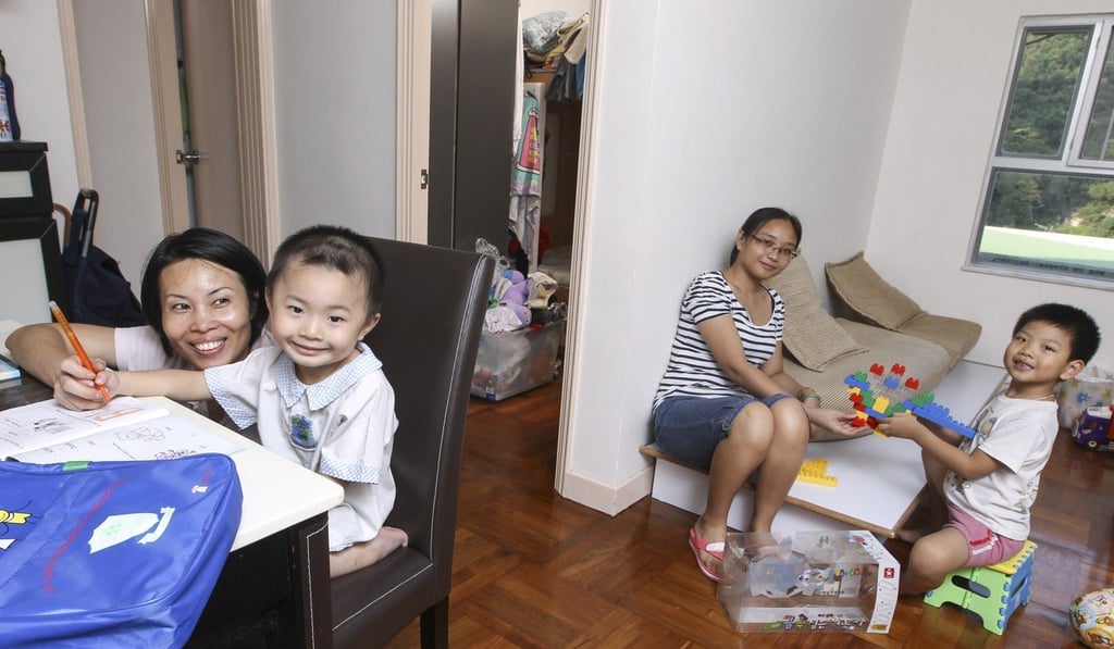 Two single-parent families share a flat in Yau Tong under the social housing project “Light Be”, in September 2013. Photo: Edward Wong
