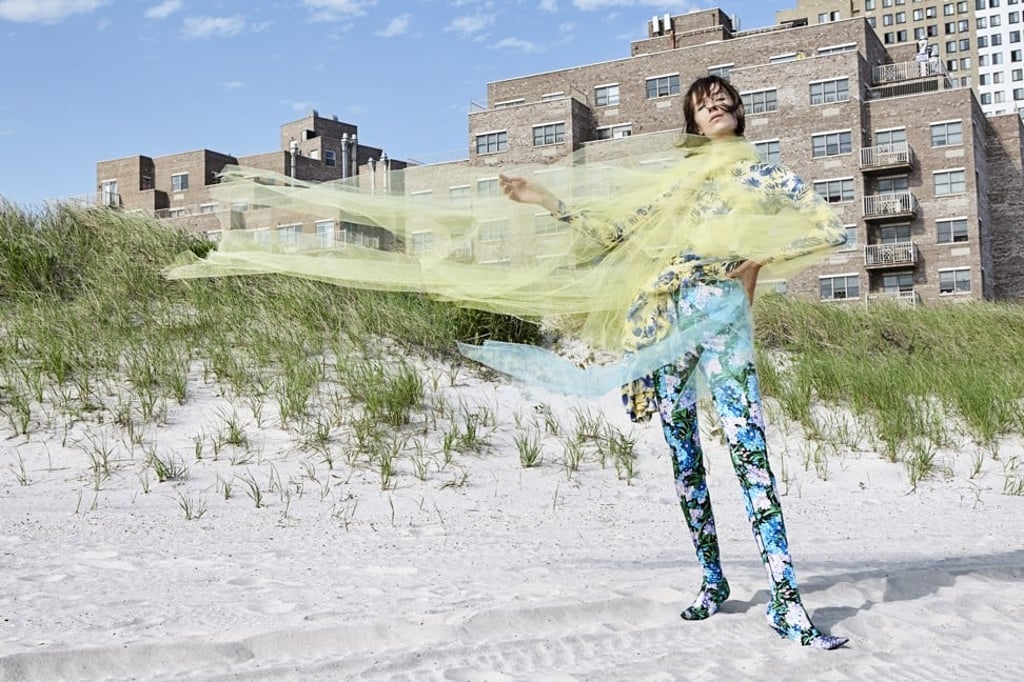 BALENCIAGAYellow and blue silk bouquet ‘Athletic’ dress, HK$20,400Blue polyamide wild flowers Pantashoes, HK$26,400