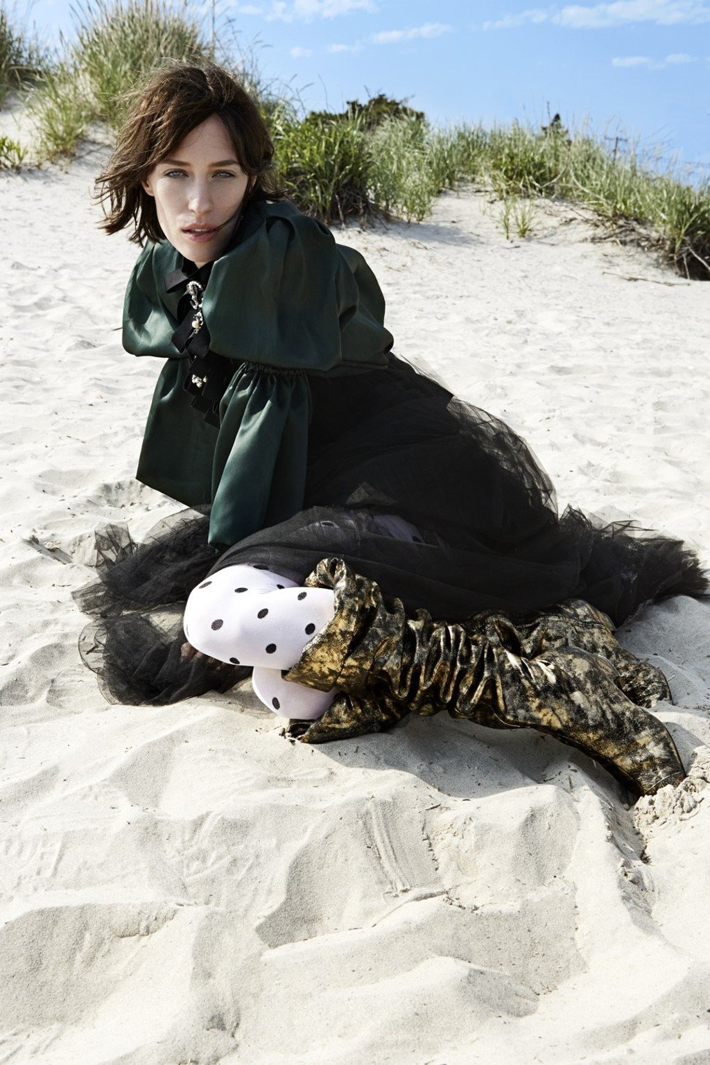 ALEXANDRE VAUTHIEGreen organza shirt, HK$17,600 CHANEL Dress with glass bead and strass pin. Price on request Gold and black knee-high boots. Price on requestBracelet in metal and calfskin glass beads and strass. Price on requestEMILIO CAVALLINIPolka dot tights. Price on request