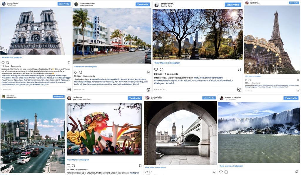 The most Instagrammed travel destinations include (top row, left to right) Notre Dame Cathedral in Paris, France; South Beach, Miami, Florida, United States; Central Park, New York; the Eiffel Tower, Paris; and (bottom row, left to right) Las Vegas Strip, Nevada, US; Mardi Gras, New Orleans, US; Big Ben, London, UK; and Niagara Falls, US and Canada. Photos: Instagram