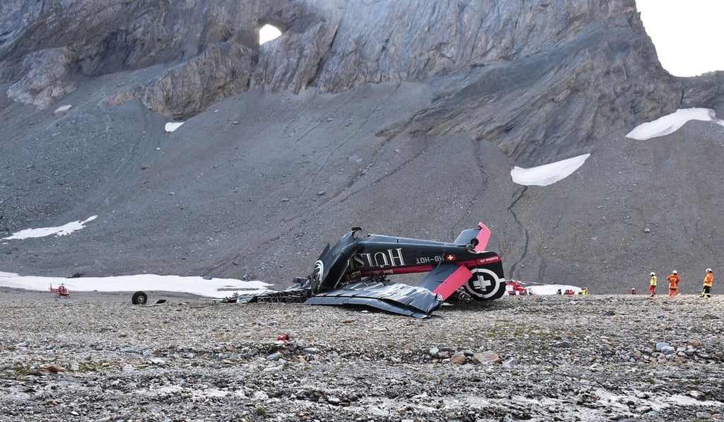 This handout picture taken and released by the Grisons Cantonal Police on Sunday shows the wreckage of a Junkers Ju-52 aircraft in the Swiss Alps. Photo: Agence France-Presse