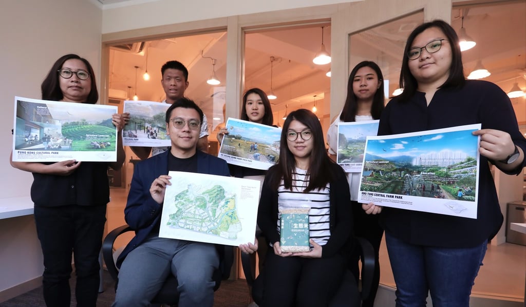 The group from Technological and Higher Education Institute of Hong Kong's landscape architecture programme (from left) Suzanna Cheung Wai-sum, Cheang Chi-long, Paul Chan Yuen-king, Jessica Ling Tsz-wun, Carrie Chan Wai-yi, Sandra So Choi-shan, and Joyce Luk Wing-yin, with artist’s impressions of their plan. Photo: Jonathan Wong
