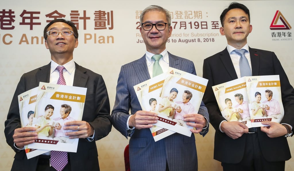 (From left) HKMC Annuity CEO Edmond Lau Ying-pan, executive director Raymond Li Lung-cheung, and vice-president Kelvin Lee York-kei attend a press conference to launch annuity scheme at L’hotel Nina Et Convention Centre in Tsuen Wan on July 5. Photo: Winson Wong
