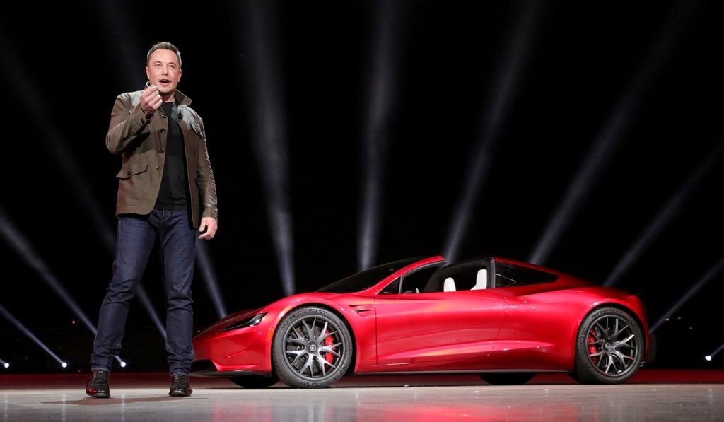 Musk with the Roadster 2 during a presentation in November. Photo: Reuters