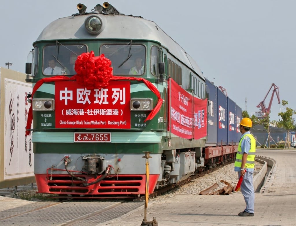 The first direct goods train service linking Weihai, in China’s Shandong province, and Duisburg, in Germany, was launched in September 2017. Picture: AFP