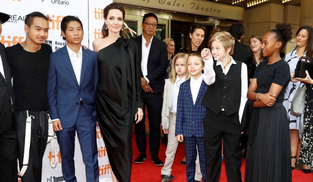 Director Angelina Jolie arrives on the red carpet with her six children (from left) Maddox Jolie-Pitt, Pax Jolie-Pitt, Vivienne Jolie-Pitt, Knox Leon Jolie-Pitt, Shiloh Jolie-Pitt, and Zahara Jolie-Pitt for the film “First They Killed My Father” at the Toronto International Film Festival on September 11, 2017. Photo: Reuters
