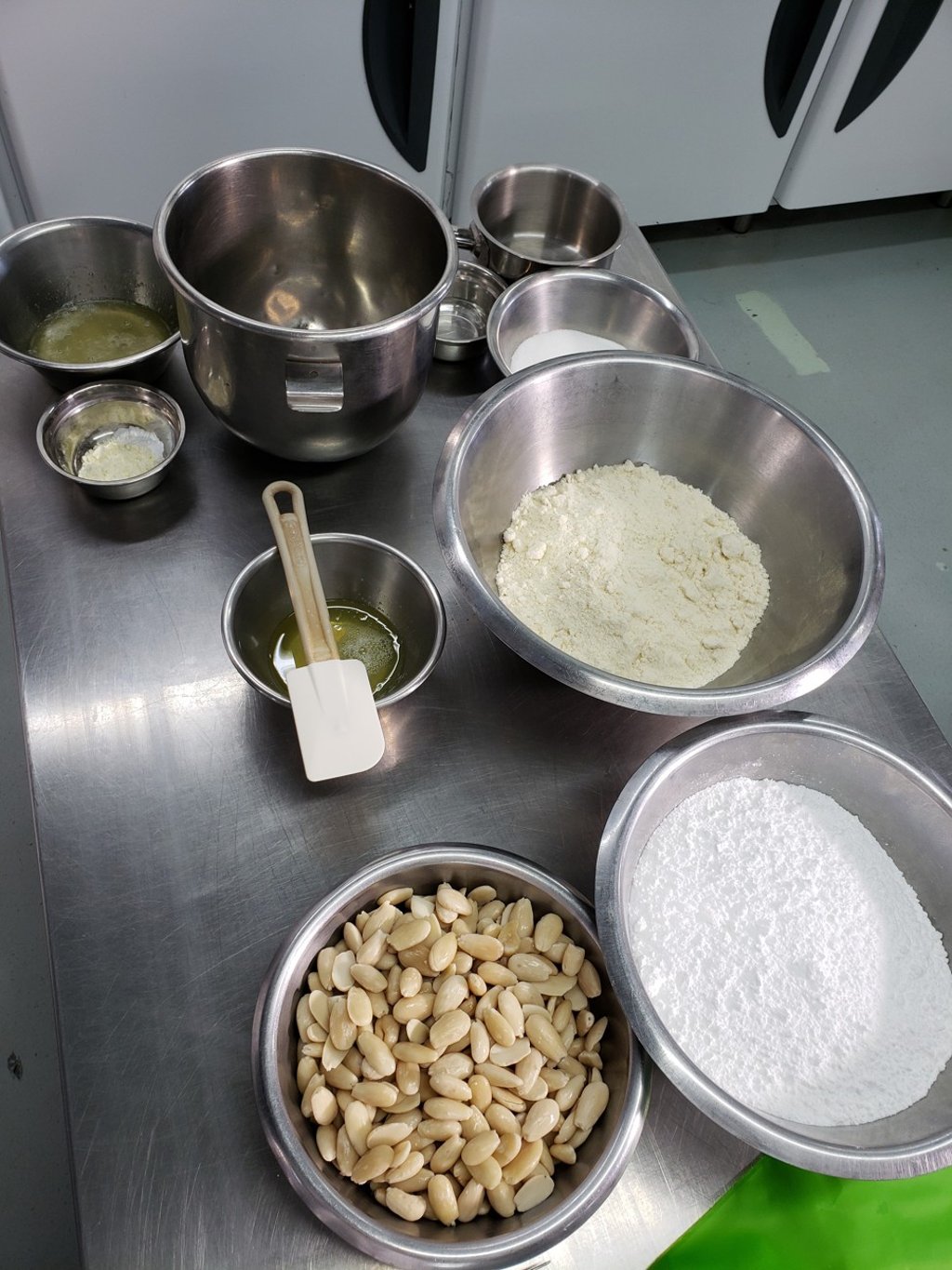 The ingredients, including almonds, icing sugar and egg whites, which are needed to make perfect French macarons.