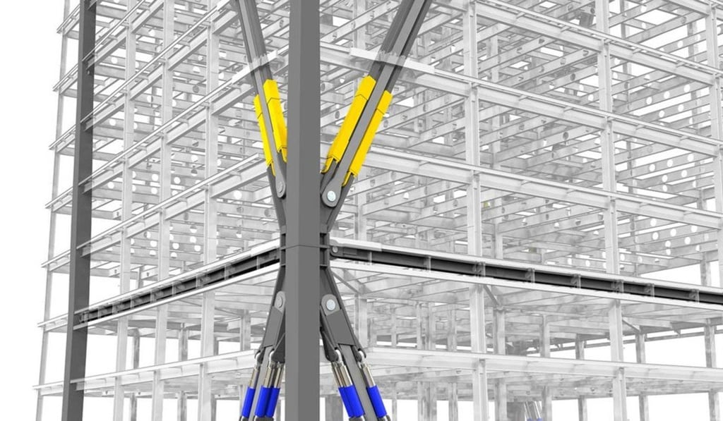 The building’s zigzagged beams comprise an aluminium exoskeleton that serves as its foundation, acting as giant shock absorbers essentially. Photo: Jay Paul Company