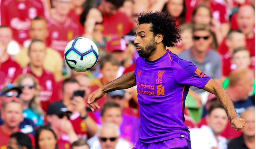 Liverpool’sMohamed Salah controls the ball against Napoli at the Aviva Stadium in Dublin. Photo: AFP