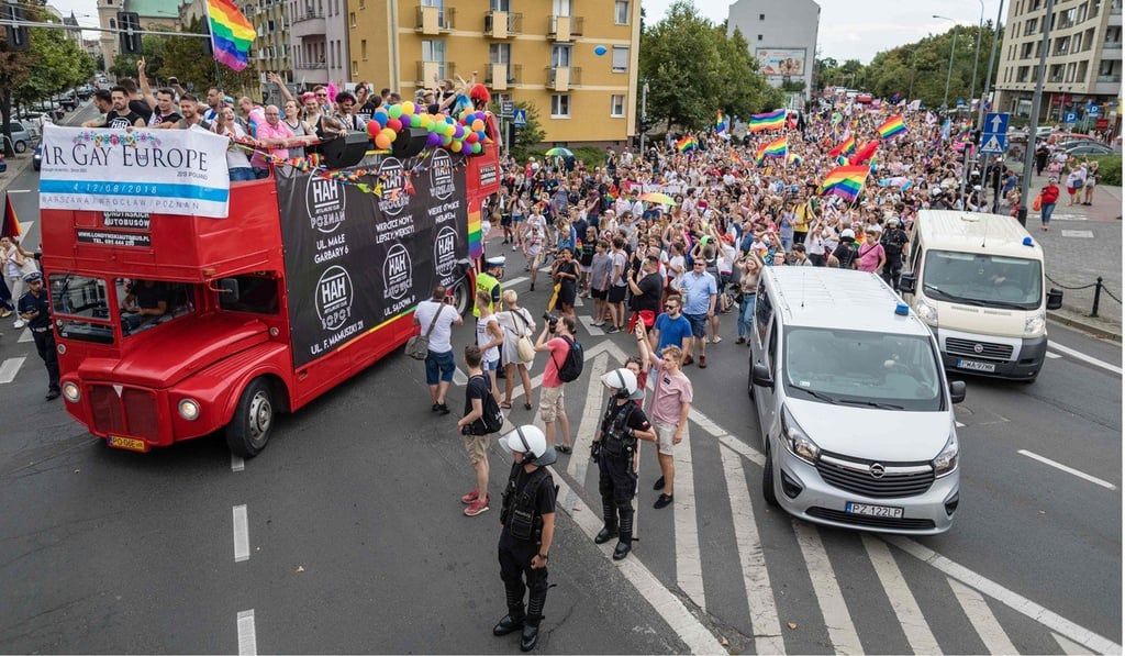 Contestant in Mister Gay Europe 2018 take part in a gay pride parade on the streets of Poznan on August 11, 2018. Photo: AFP