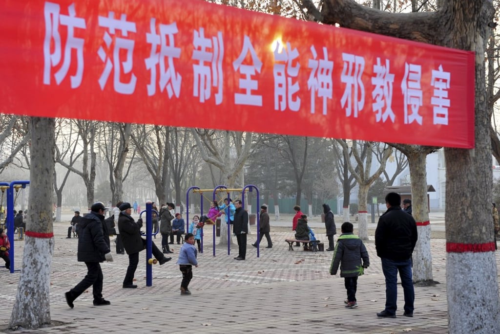 A banner in a park in Puyang, central China’s Henan province, reads: “Prevent and reject the Church of Almighty God’s cult invasions”. Photo: Reuters A banner in a park in Puyang, central China’s Henan province, reads: “Prevent and reject the Church of Almighty God’s cult invasions”. Photo: Reuters