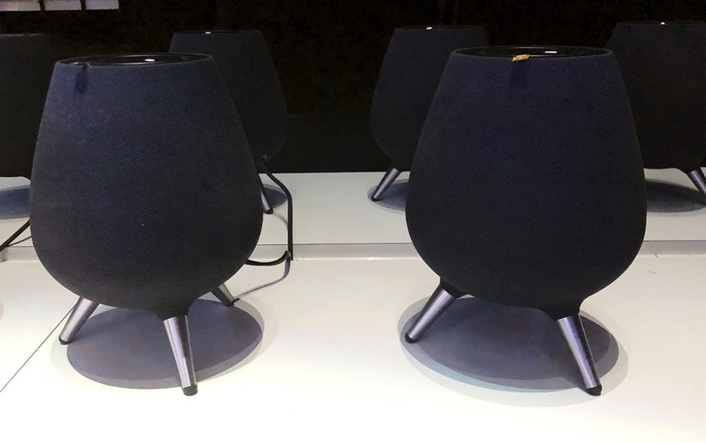 A pair of Samsung’s new Galaxy Home voice-assisted speakers, which looks like two small black pots supported by tripod stands. Photo: AP A pair of Samsung’s new Galaxy Home voice-assisted speakers, which looks like two small black pots supported by tripod stands. Photo: AP
