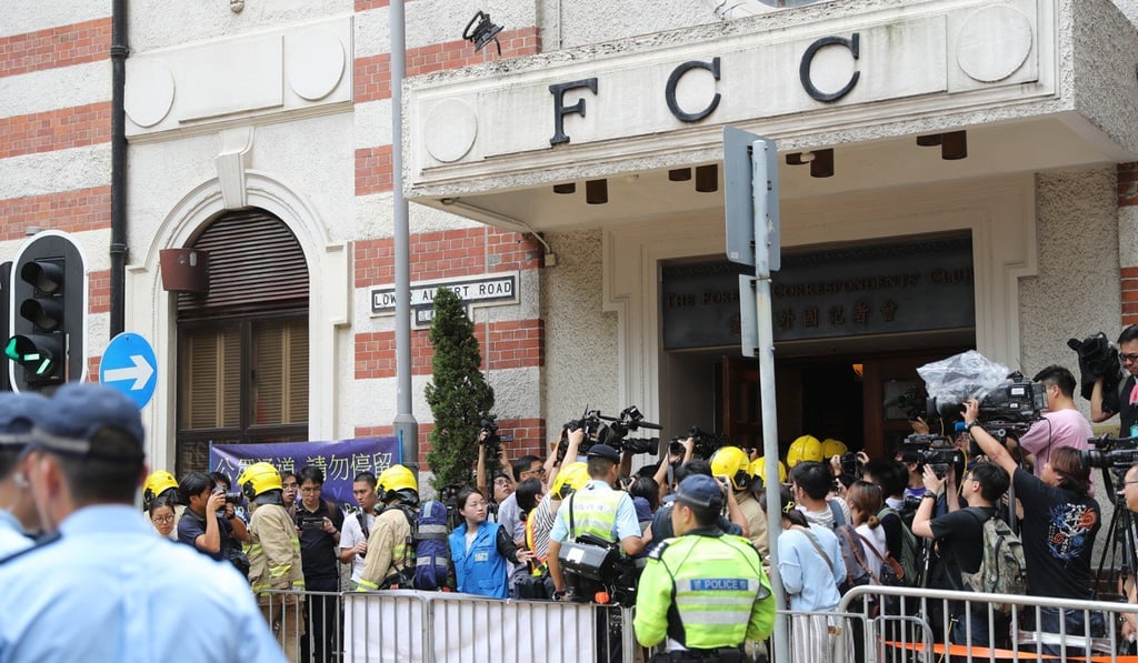 Protesters gather outside the FCC building in central Hong Kong ahead of Andy Chan’s much anticipated speech on independence. Photo: Edward Wong