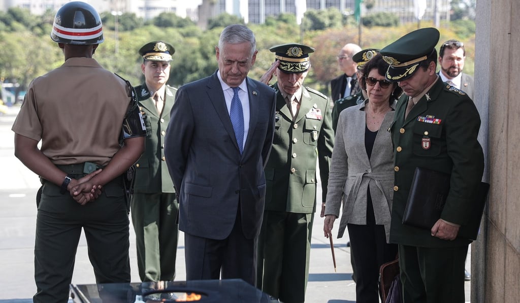 US Secretary of Defence James Mattis visits the National Monument to the Dead of World War II in Rio de Janeiro, Brazil, on Tuesday. Photo: EPA-EFE US Secretary of Defence James Mattis visits the National Monument to the Dead of World War II in Rio de Janeiro, Brazil, on Tuesday. Photo: EPA-EFE