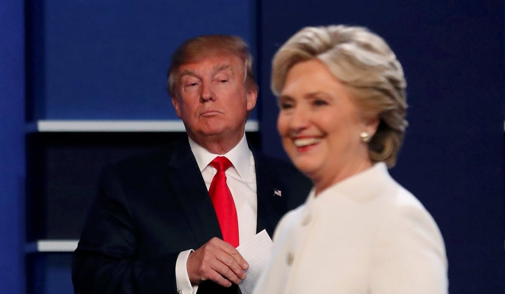 Then Republican US presidential nominee Donald Trump and Democratic US presidential nominee Hillary Clinton finishing their third and final 2016 presidential campaign debate in Las Vegas in October 2016. Photo: Reuters Then Republican US presidential nominee Donald Trump and Democratic US presidential nominee Hillary Clinton finishing their third and final 2016 presidential campaign debate in Las Vegas in October 2016. Photo: Reuters