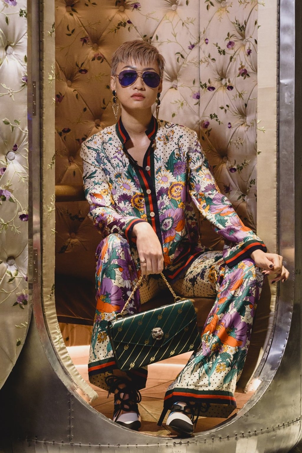 Quek in a Gucci pajama set, sunglasses and bag, Saint Laurent earrings and Louis Vuitton shoes at 1880. Photo: Arabelle Zhuang. Make-up: Rick Yang