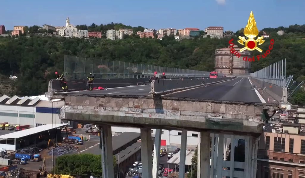 an aerial view of the collapsed Morandi highway bridge in Genoa. Photo: AP