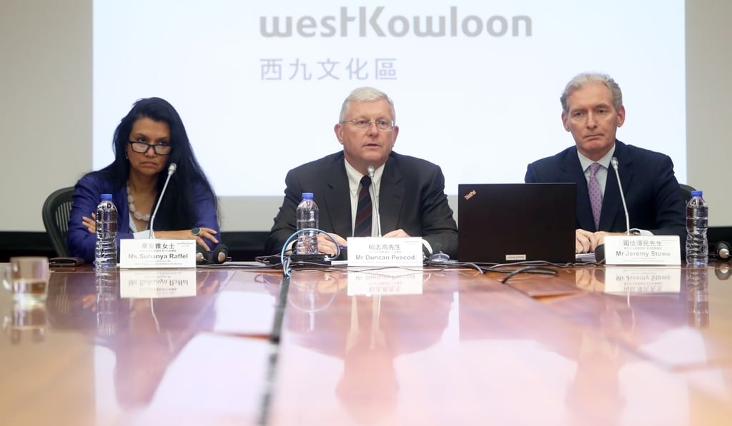 Duncan Pescod (centre) and colleagues announce the axing of Hsin Chong Construction on the M+ museum project. Photo: Winson Wong