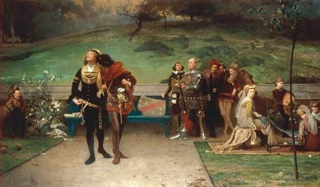 Edward II (far left) and Piers Gaveston cavort under the disapproving gaze of English nobles, in this 1872 depiction. Artwork: Marcus Stone