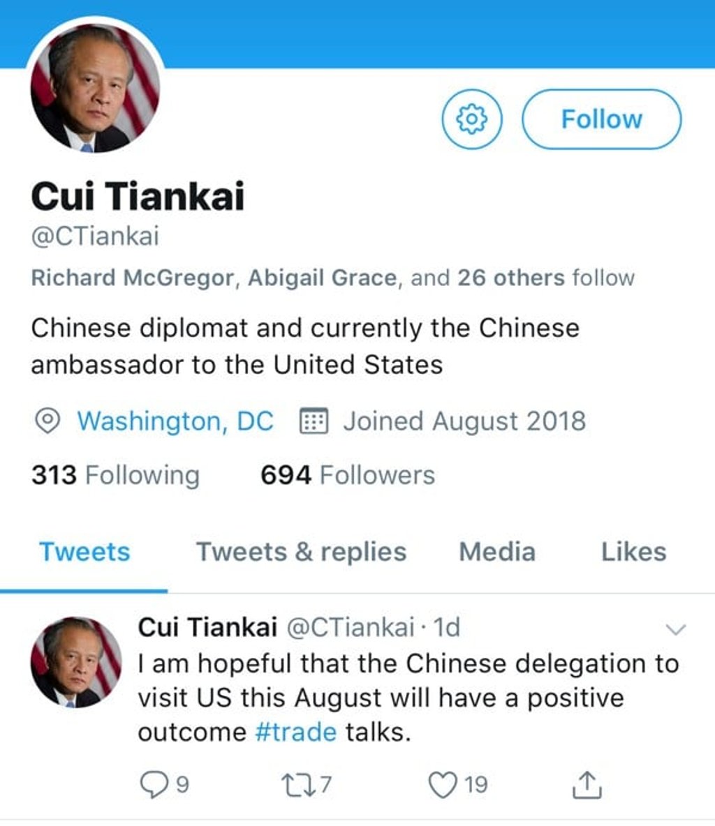 A Twitter posting attributed to Cui. The Chinese government said the account was fake, and it has been suspended. Photo: Twitter A Twitter posting attributed to Cui. The Chinese government said the account was fake, and it has been suspended. Photo: Twitter