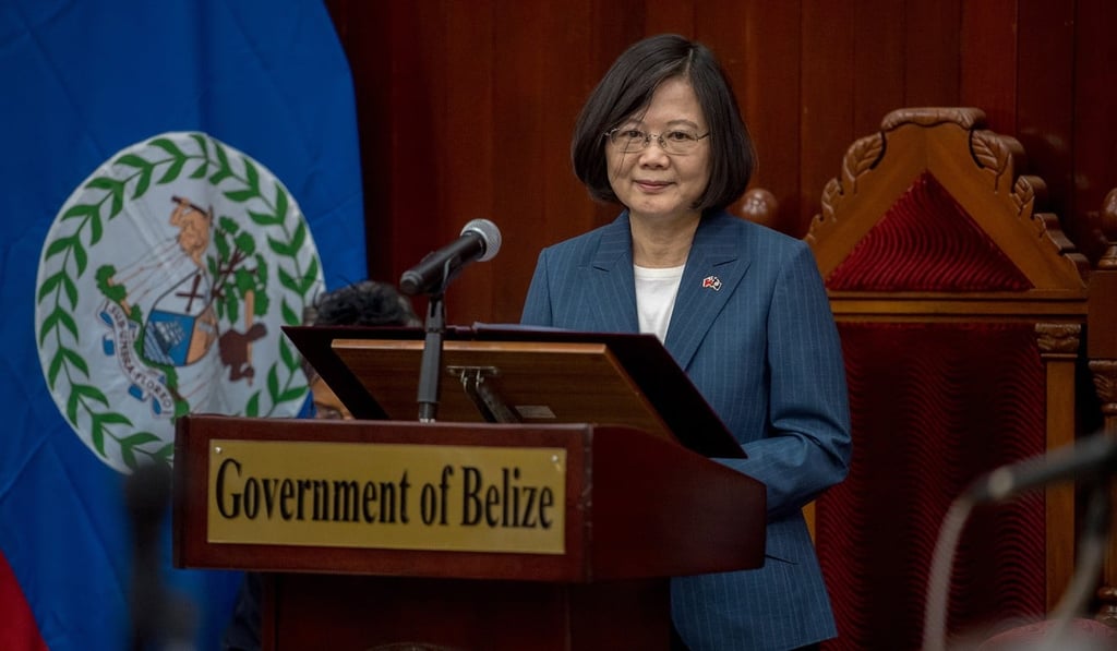 Tsai Ing-wen addresses the parliament of Belize, one of Taiwan’s last allies, during her state visit last week. Photo: EPA-EFE