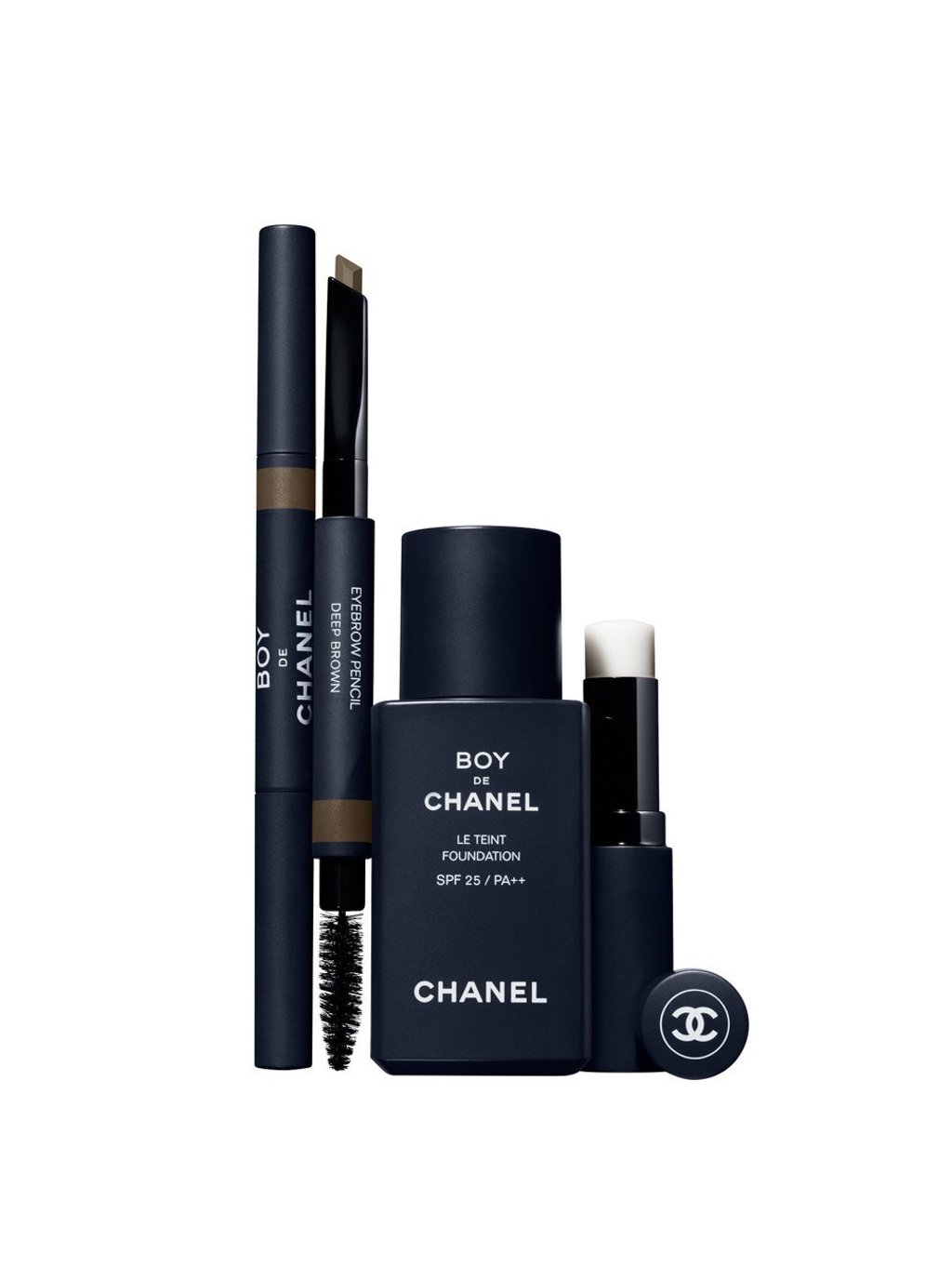 The Boy de Chanel collection includes a tinted fluid in four shades, an eyebrow pencil in four shades, and a matte lip balm.