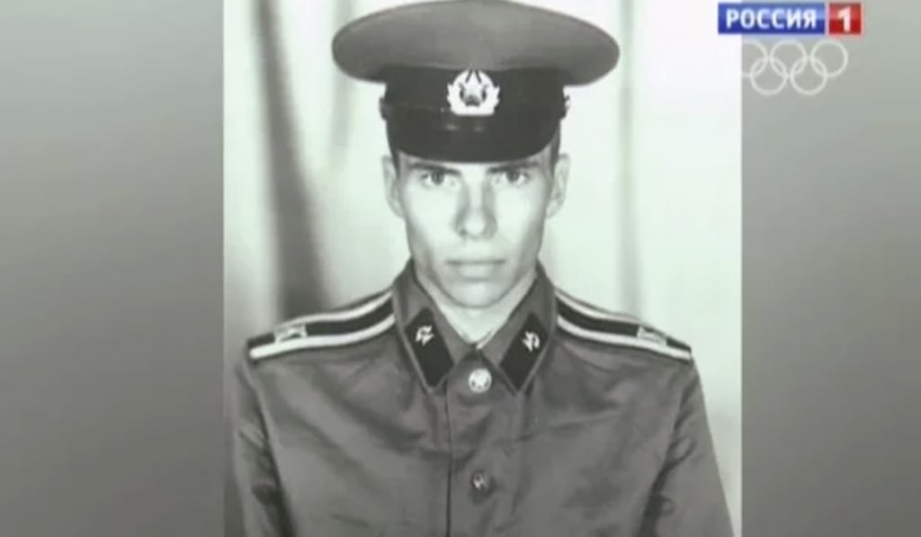 A screen grab from the Russia 1 television channel shows Alexei Sherstobitov, known as Alexei the Soldier, as an army cadet.