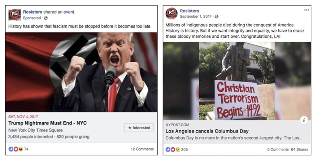 This combination of images provided by Facebook shows examples of content from suspicious accounts possibly linked to Russia with the intention of influencing US politics. Photo: AP