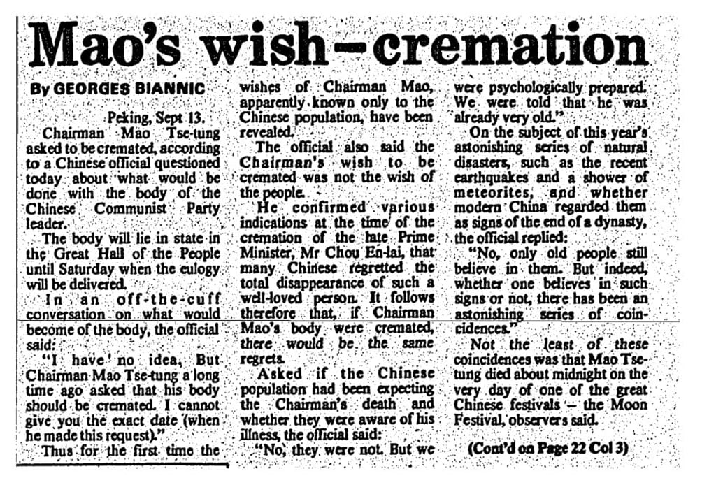 A report in the South China Morning Post dated September 14, 1976, just days after the death of Chairman Mao.