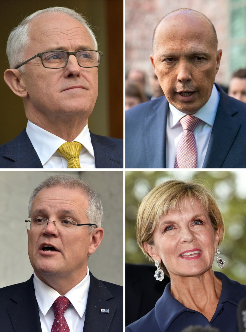 Clockwise from top: Prime Minister Malcolm Turnbull, former home affairs minister Peter Dutton, Foreign Minister Julie Bishop and Treasurer Scott Morrison. Photo: AFP Clockwise from top: Prime Minister Malcolm Turnbull, former home affairs minister Peter Dutton, Foreign Minister Julie Bishop and Treasurer Scott Morrison. Photo: AFP