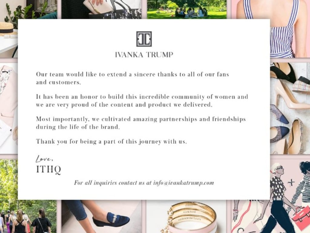 The ‘thank you’ message left on the website of Ivankatrump.com, which has shut down. Photo: Ivankatrump.com