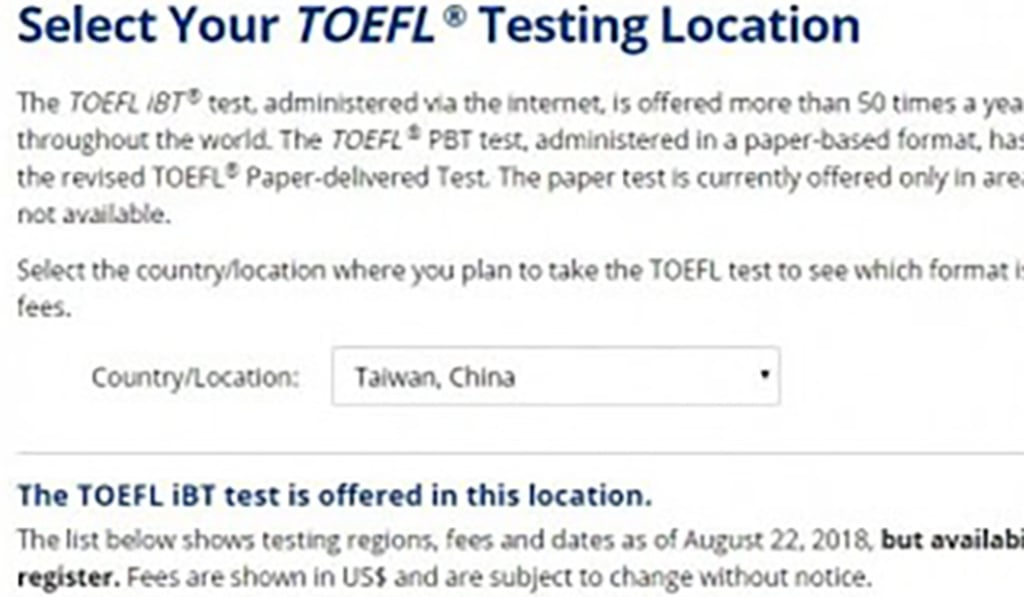 ETS’ website after it modified how it listed Taiwan to fall in line with Beijing’s claims over the self-ruled island. Photo: ETS ETS’ website after it modified how it listed Taiwan to fall in line with Beijing’s claims over the self-ruled island. Photo: ETS