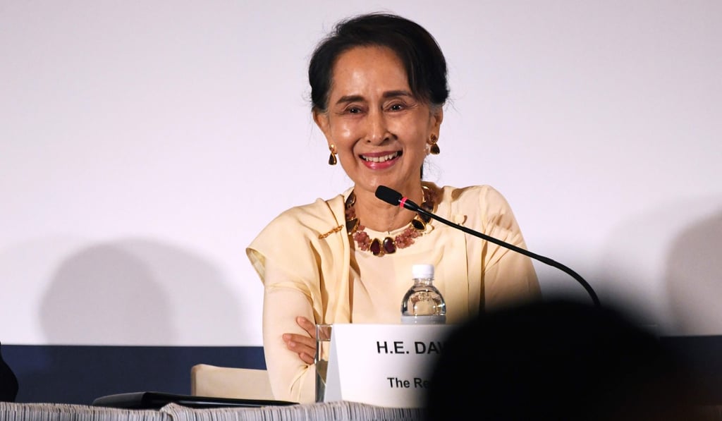 Myanmar State Counsellor Aung San Suu Kyi delivers an address at the 43rd Singapore Lecture in Singapore, defending her government’s steps in handling the Rohingya crisis. Photo: AFP