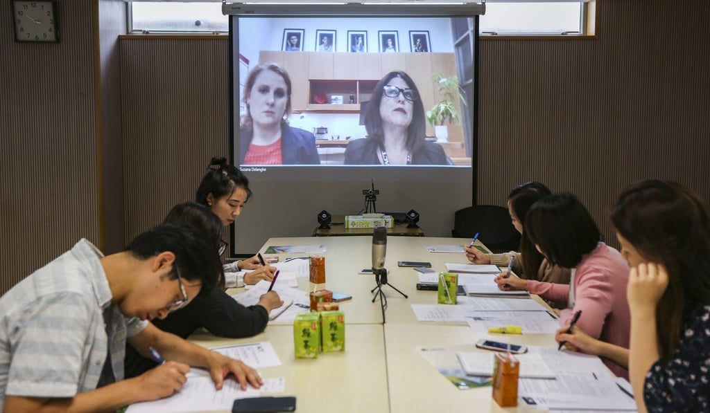 (on screen): ACT lead marketing manager, Josie Neumann (left) and ACT chief commercial officer Suzana Delanghe (right) speak to Hong Kong press via Skype at the HKEAA Lai King Assessment Centre in Lai King. Photo: Xiaomei Chen