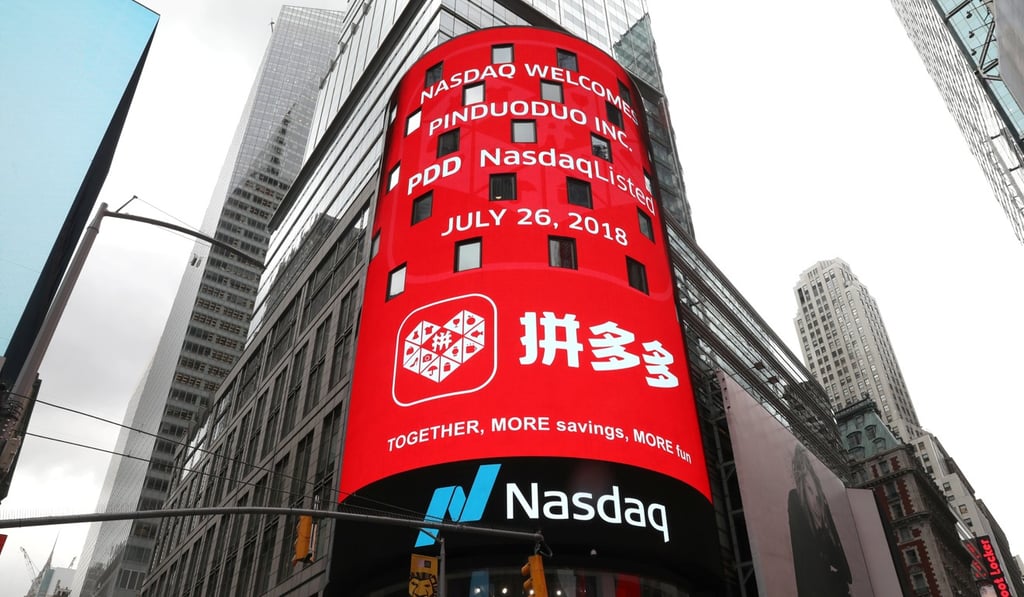 A billboard in Times Square in New York marks the Nasdaq listing of the Chinese tech start-up Pinduoduo on July 26. Photo: Reuters