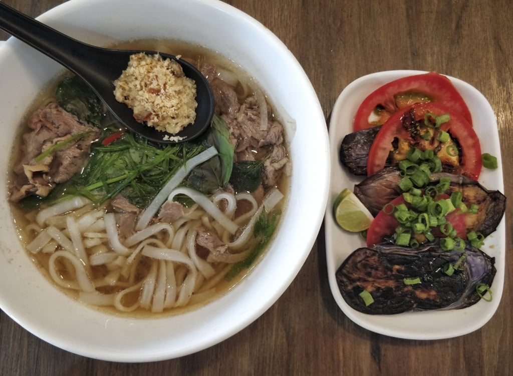 Noodle Lah!’s pho bo and eggplant salad.