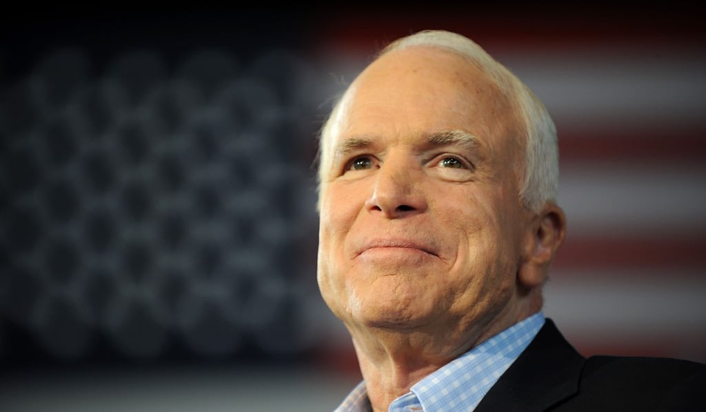 in this file photo taken on September 5, 2008, then Republican presidential candidate John McCain pauses while addressing a campaign event at the Freedom Hill Ampitheatre in Sterling Heights, Michigan. Photo: Agence France-Presse