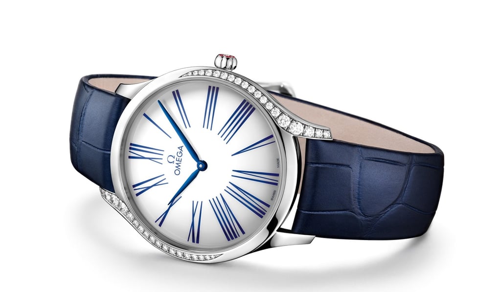 Omega’s De Ville Trésor watch in stainless steel.