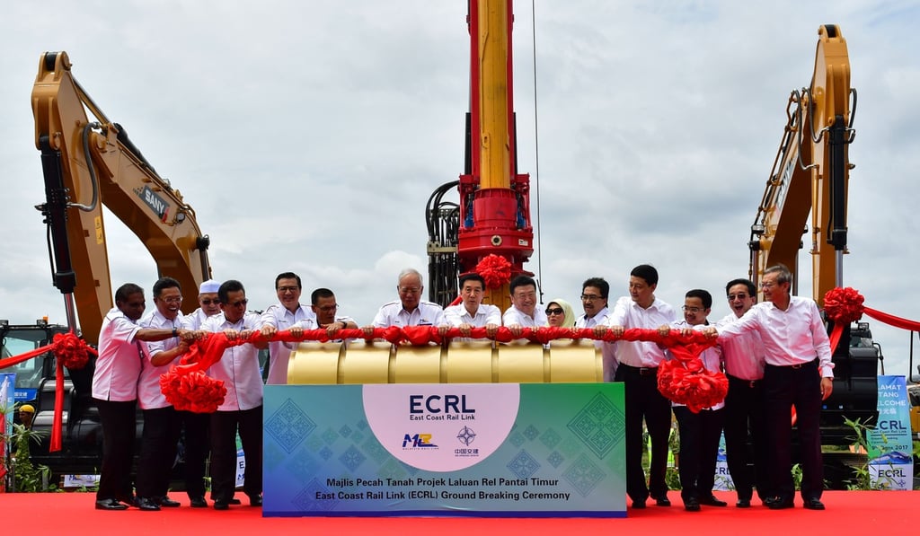 Chinese State Councillor Wang Yong and Malaysia’s then prime minister, Najib Razak, at the ground-breaking ceremony of the East Coast Rail Link in Kuantan, Malaysia, in August 2017. The project’s fate is no longer clear. Photo: Xinhua