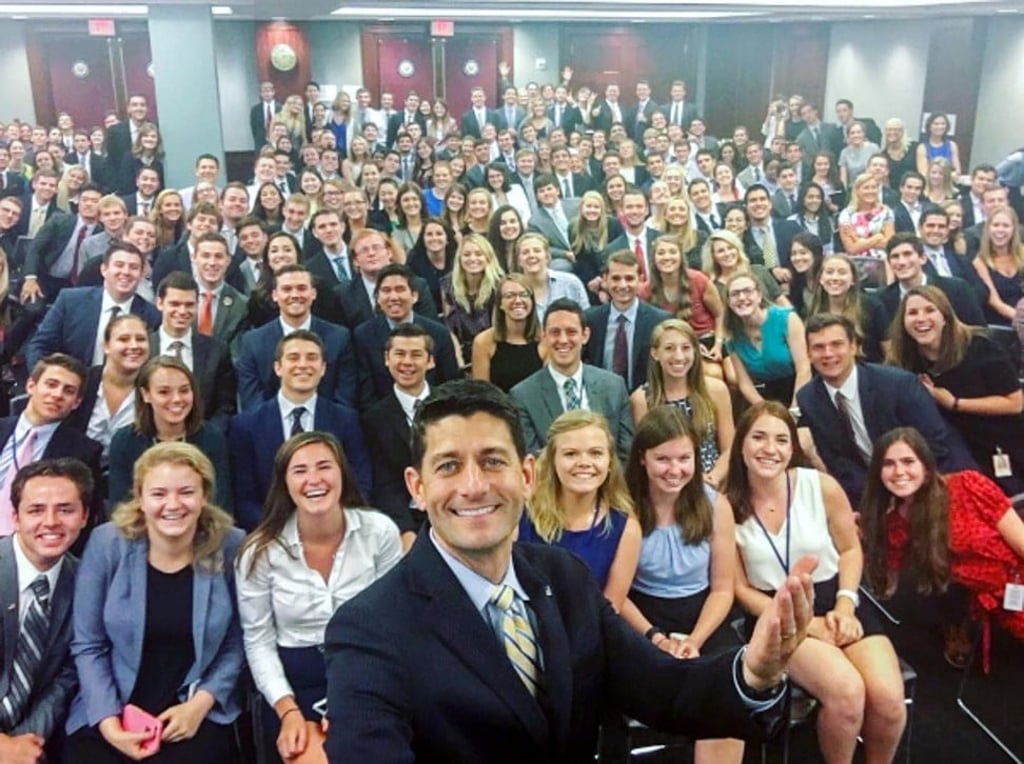 US House Speaker Paul Ryan posted this selfie with a group of Capitol Hill Interns on his Instagram account in 2016. Photo: Paul Ryan Instagram
