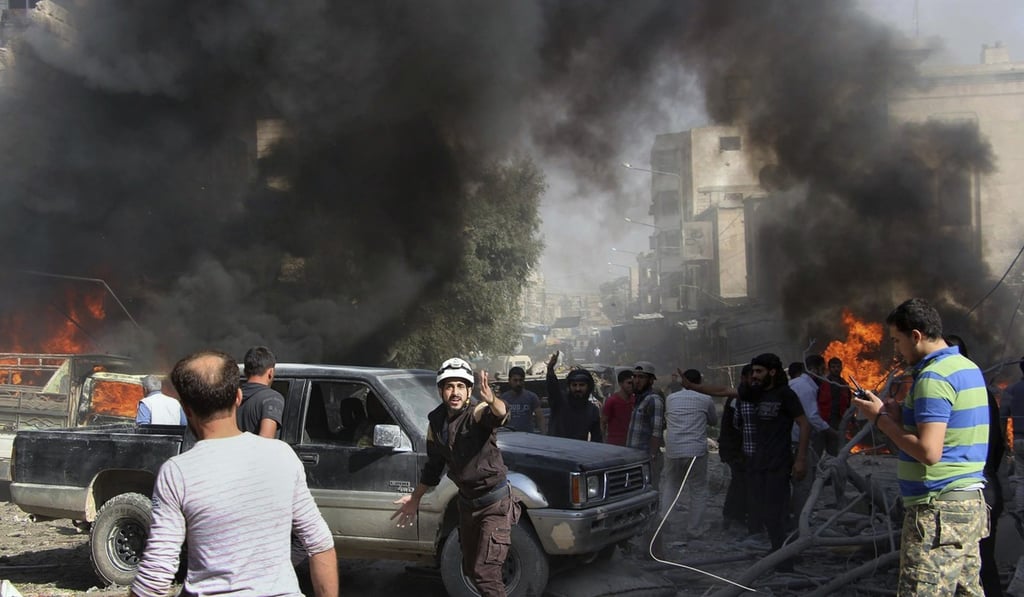 The aftermath of an air strike on a market in Maaret al-Numan in southern Idlib. Photo: AP
