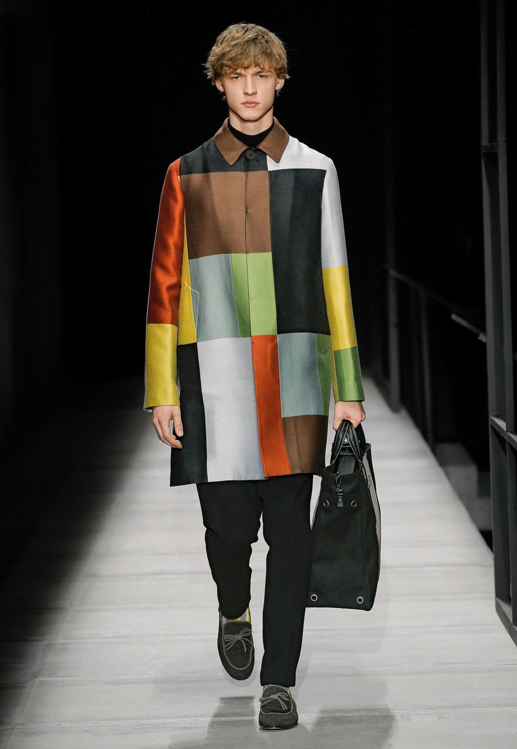 A cube-inspired colourful jacket at Bottega Veneta’s autumn/winter men’s collection show