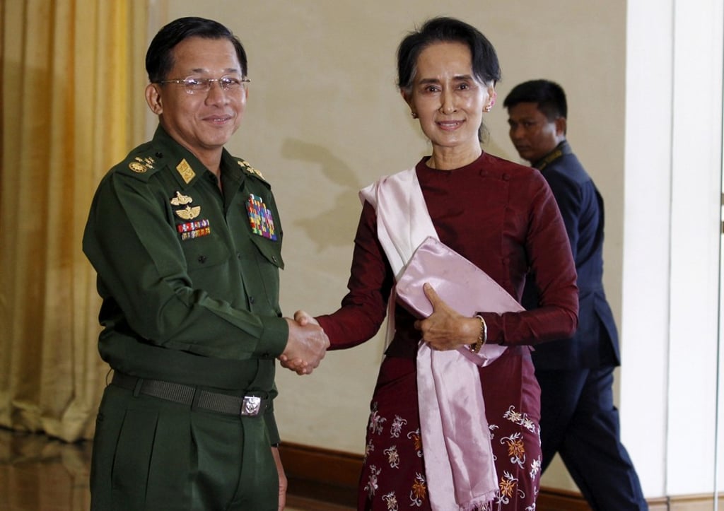 Myanmar General Min Aung Hlaing and Aung San Suu Kyi. Photo: Reuters