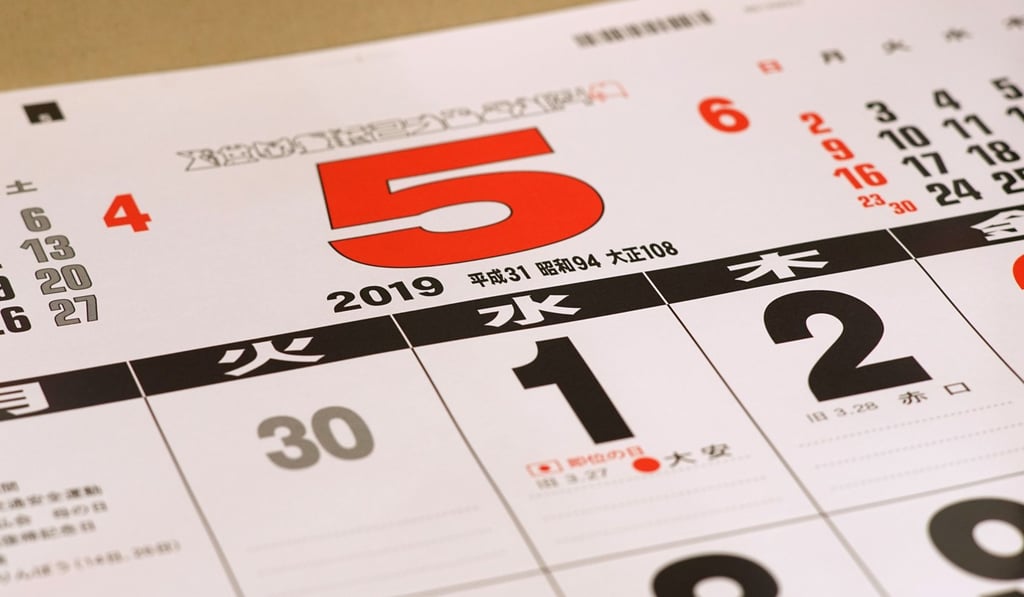 A Japanese calendar showing May 2019 (Heisei 31) at a Todan factory in Ami, Japan. Photo: AFP