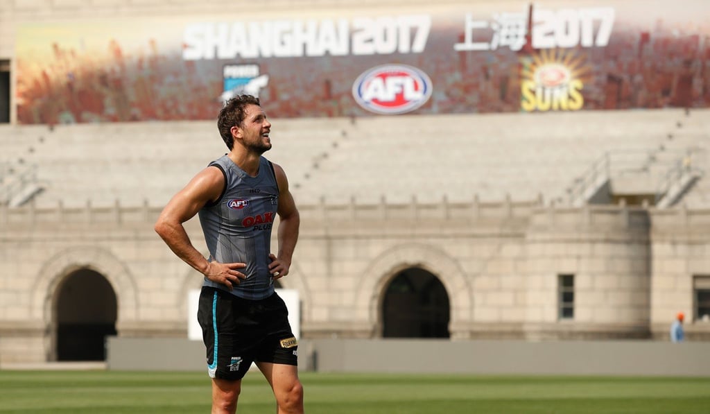 Travis Boak, of the Port Adelaide Power, looks on at a training session at Jiangwan Stadium in Shanghai in 2017. Photo: AFL Media