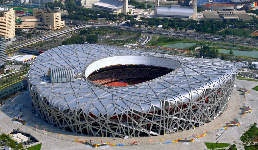 This aerial picture shows the National Stadium, also known as the “Bird's Nest,” on the Olympic Green ahead of the Beijing 2008 Olympic Games. Photo: AFP