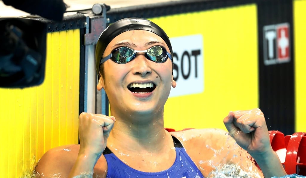 Japan’s Rikako Ikee celebrates winning the 50-metre freestyle. Photo: Reuters